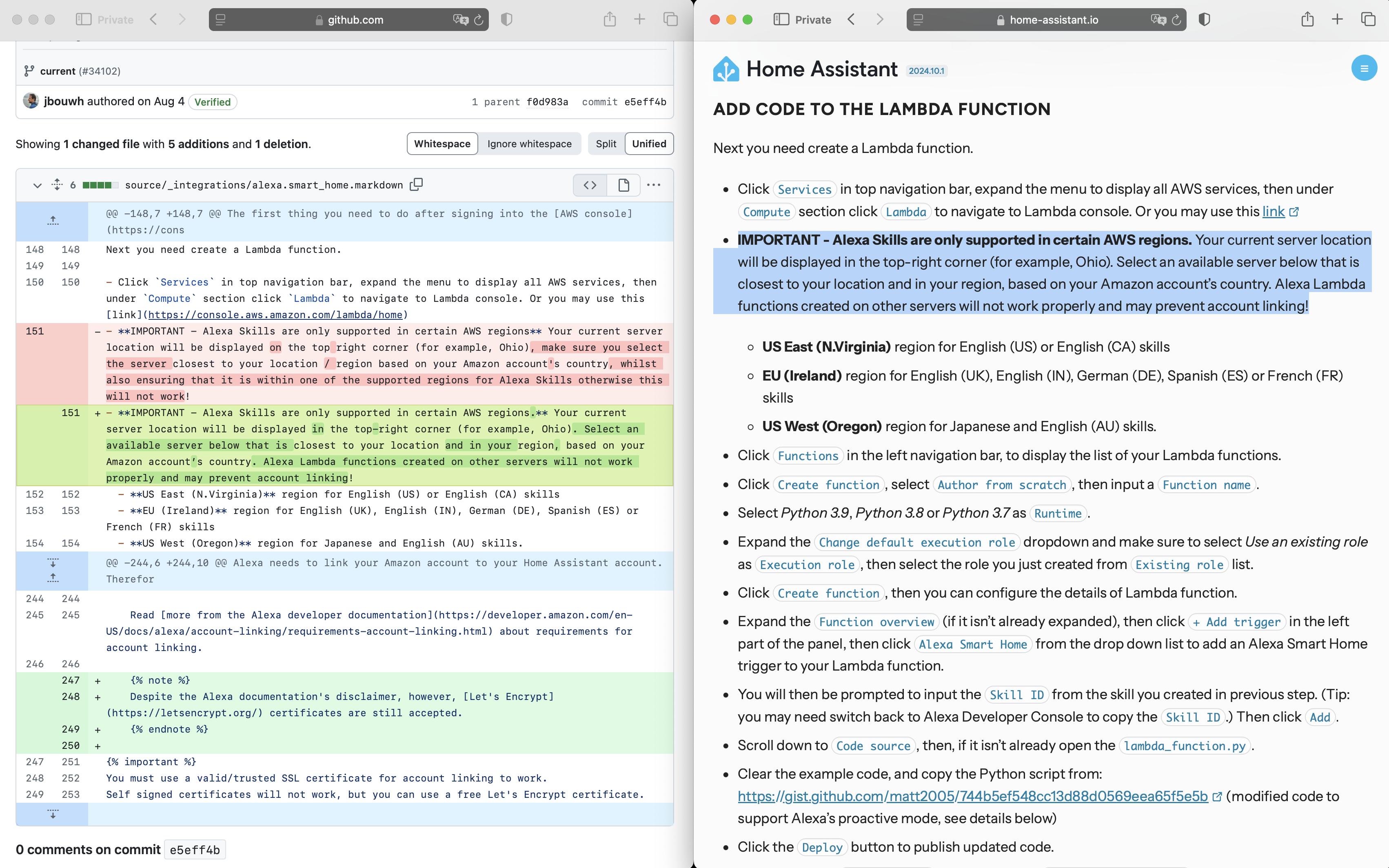 Screenshot of the commit diff in Home Assistant