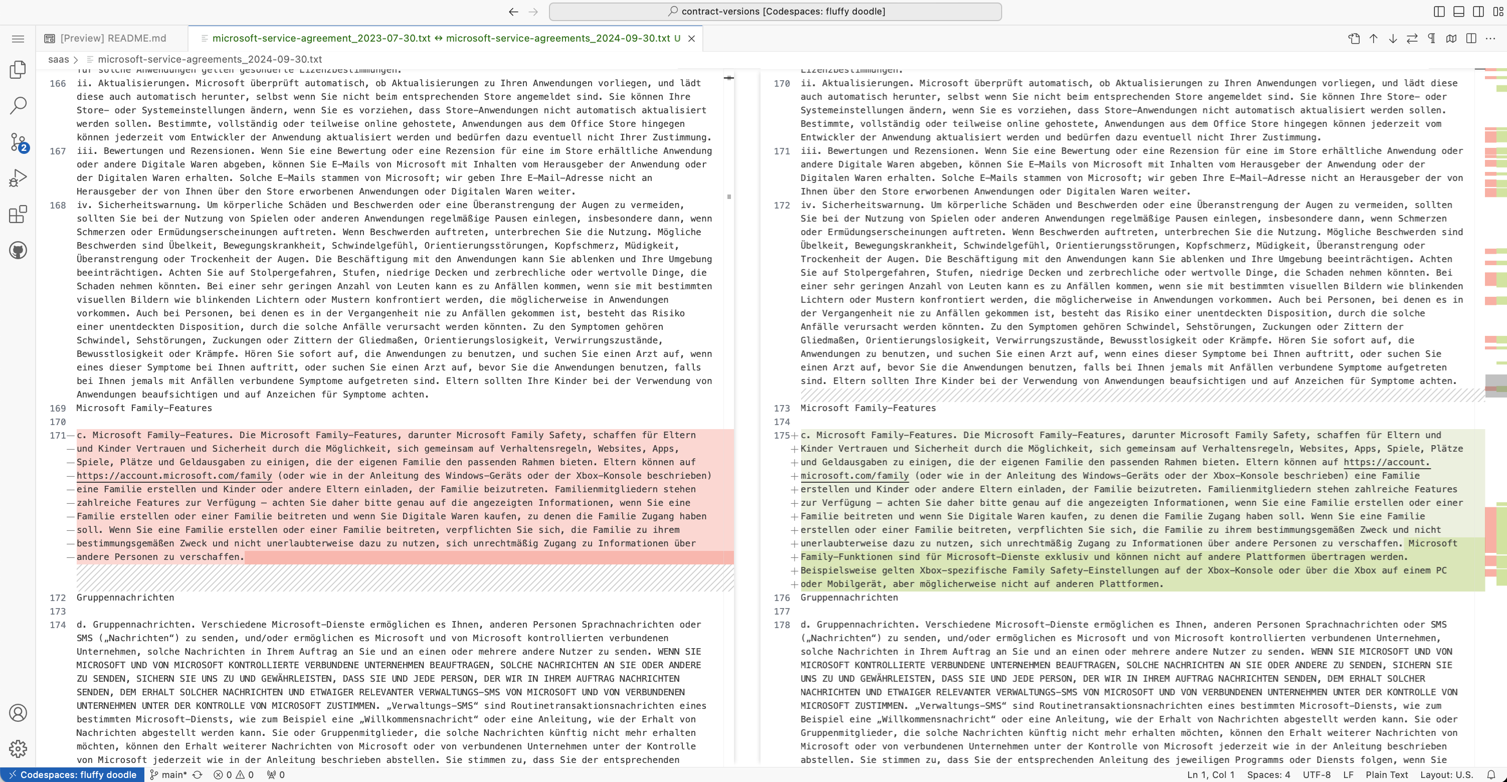 Screenshot of a diff between two versions of Microsoft&rsquo;s Service Agreements