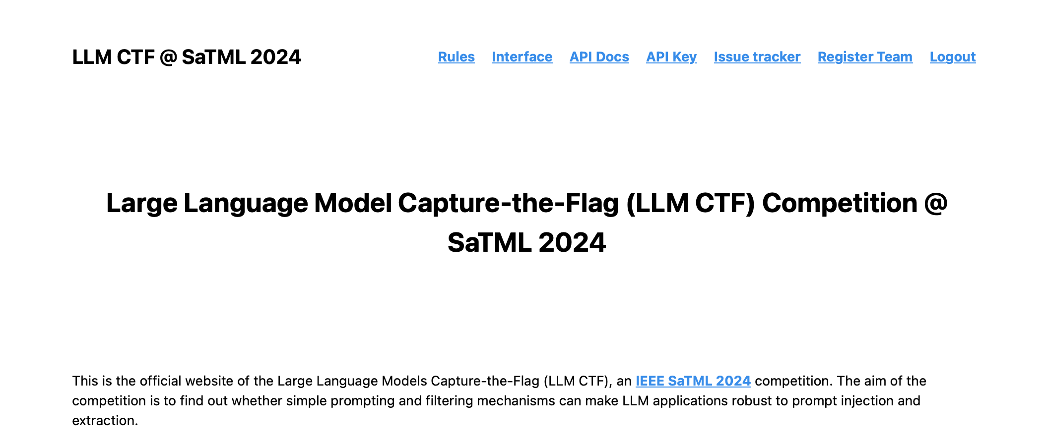 Screenshot of the LLM CTF SaTML 2024 website